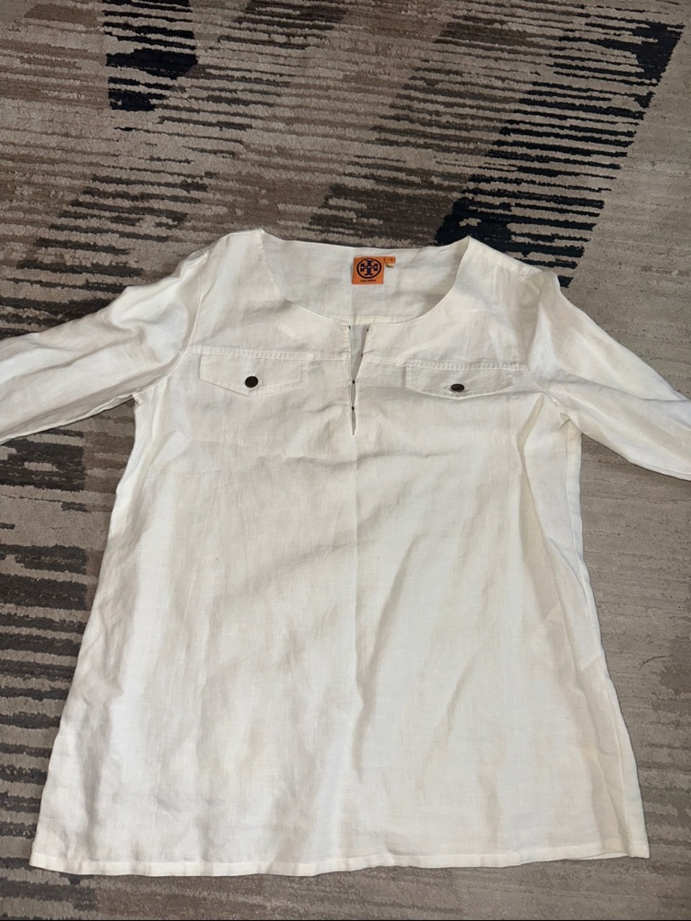 Tory Burch Ivory Linen Split-Neck Tunic size 10 white